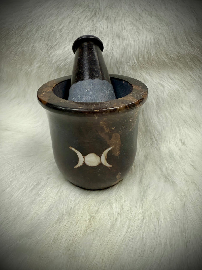 Triple Moon Mortar and Pestle With Mother of Pearl Inlay