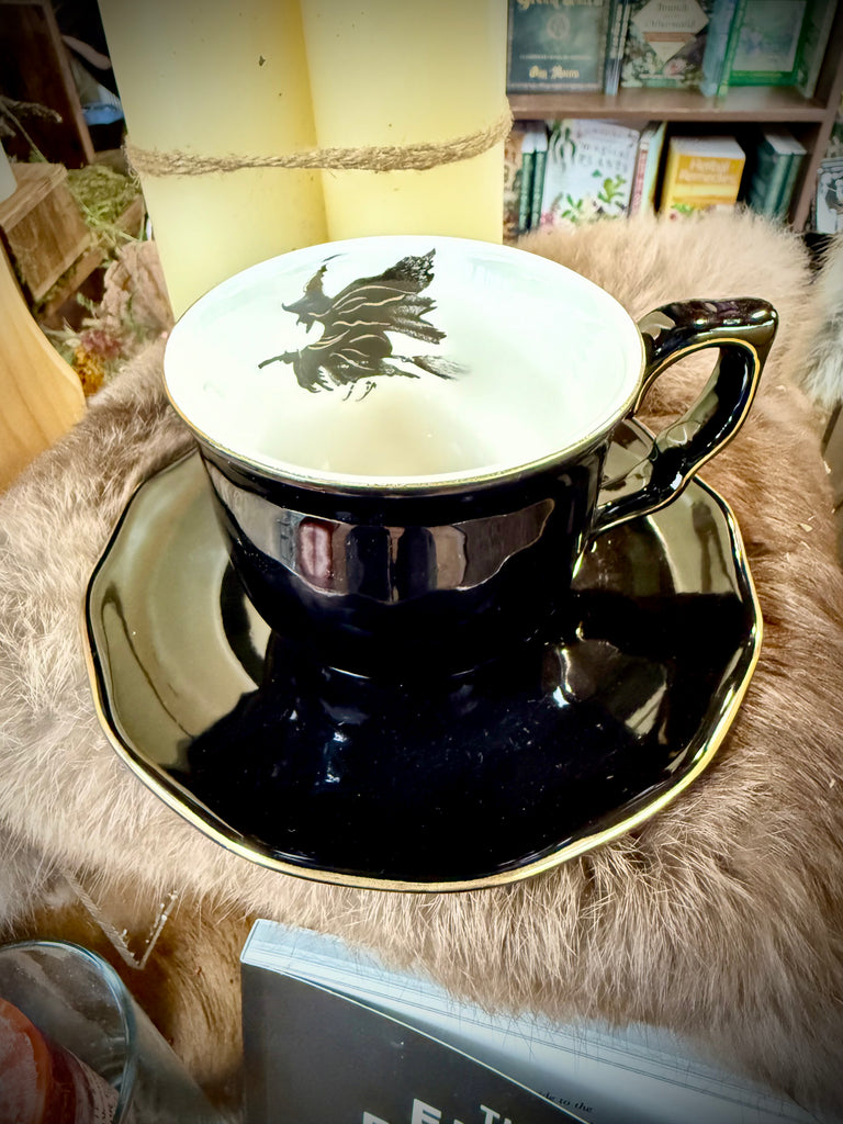 Flying Witch Black and Gold Tea Cup and Saucer