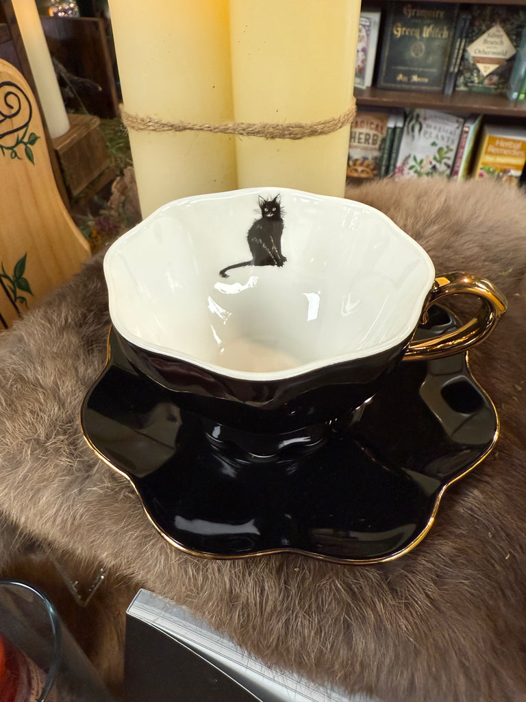 Black Cat Black Gold Tea Cup and Saucer