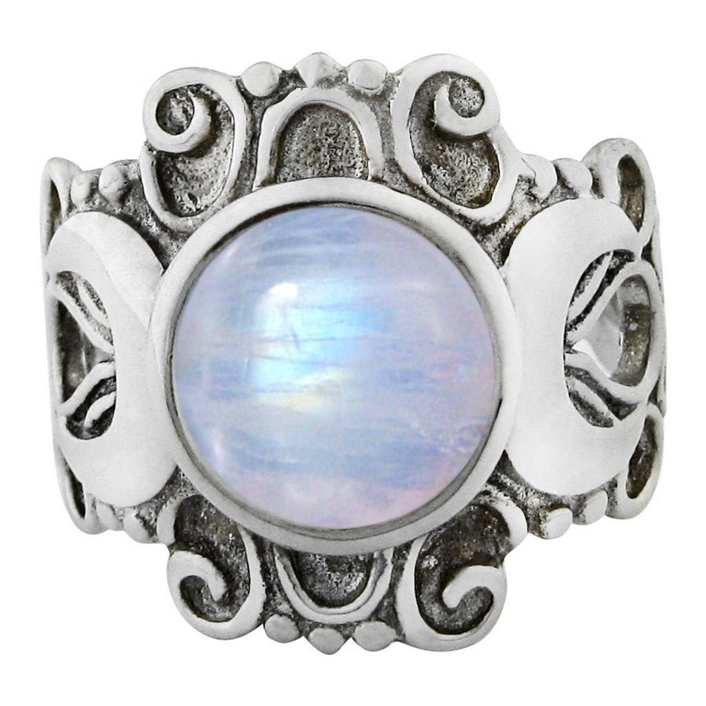 Large Victorian Triple Moon Goddess Ring with Rainbow Moonstone