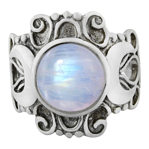Large Victorian Triple Moon Goddess Ring with Rainbow Moonstone