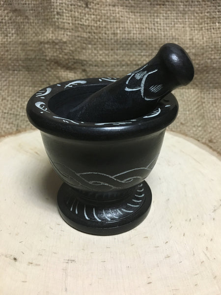 Black Soapstone Mortar and Pestle with Celtic Design