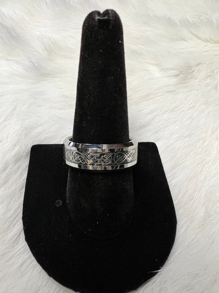 Celtic Silver Band Ring with Silver Dragon Inlay