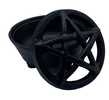 Cast Iron Cauldron w/ Cutout Pentacle Lid - 3”