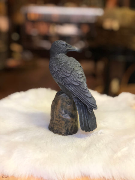 Perched Backward Looking Raven Statue
