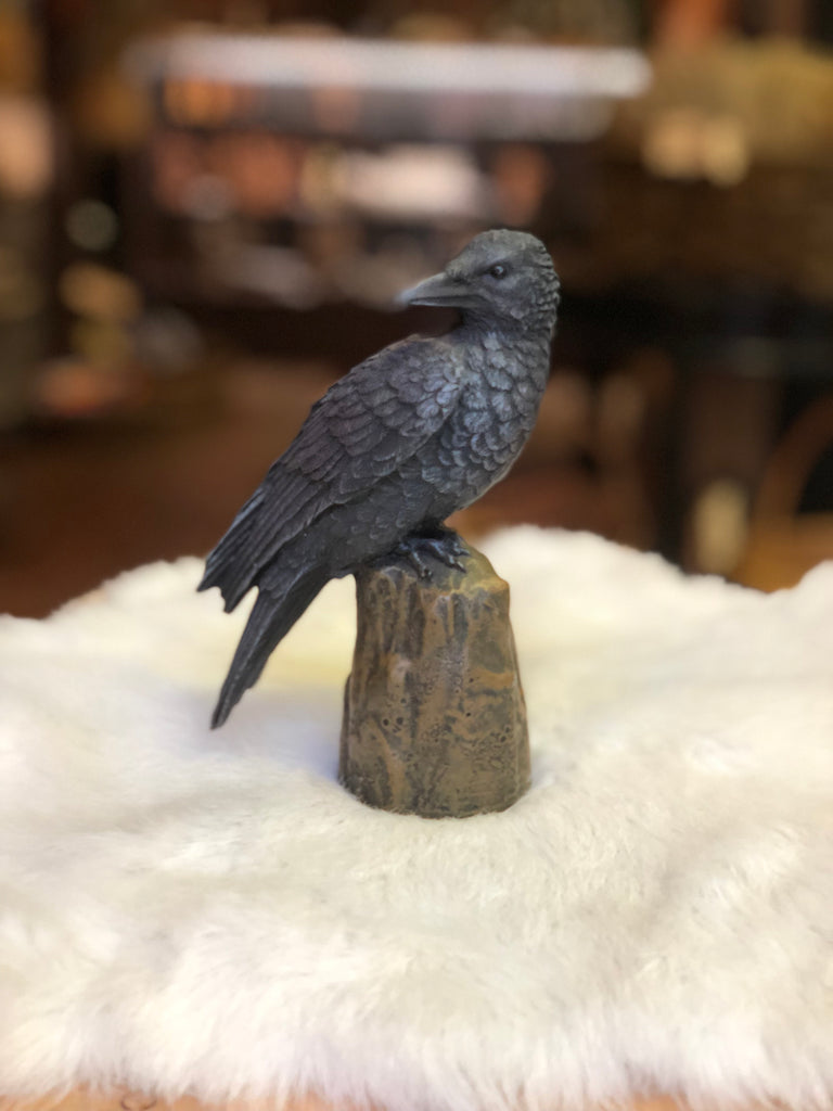 Perched Backward Looking Raven Statue