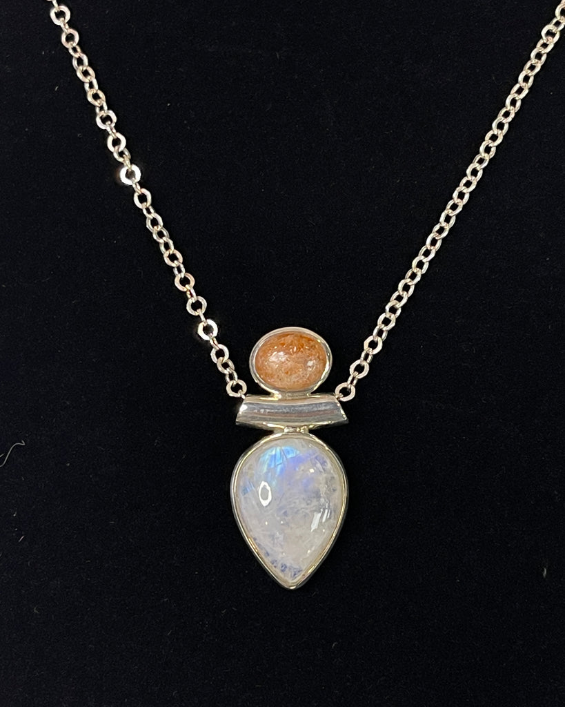 Sterling Silver Necklace with Sunstone and Rainbow Moonstone