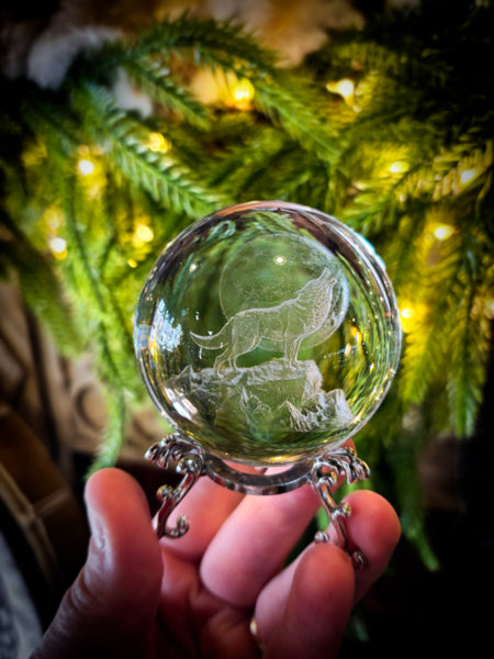 Wolf Howling at Moon Crystal Ball with Stand