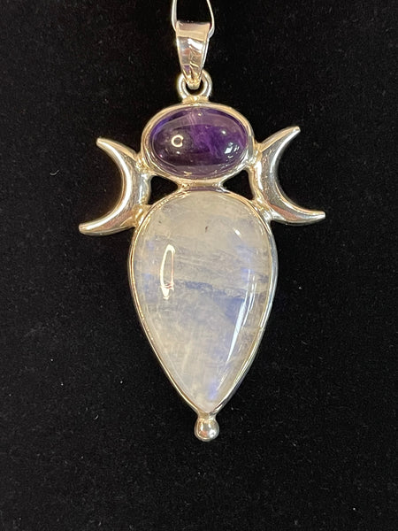 Large Sterling Silver Moonstone and Amethyst Pendant