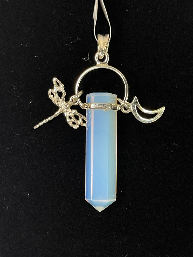 Sterling Silver and Opalite Pendant with Crescent Moon and Dragonfly