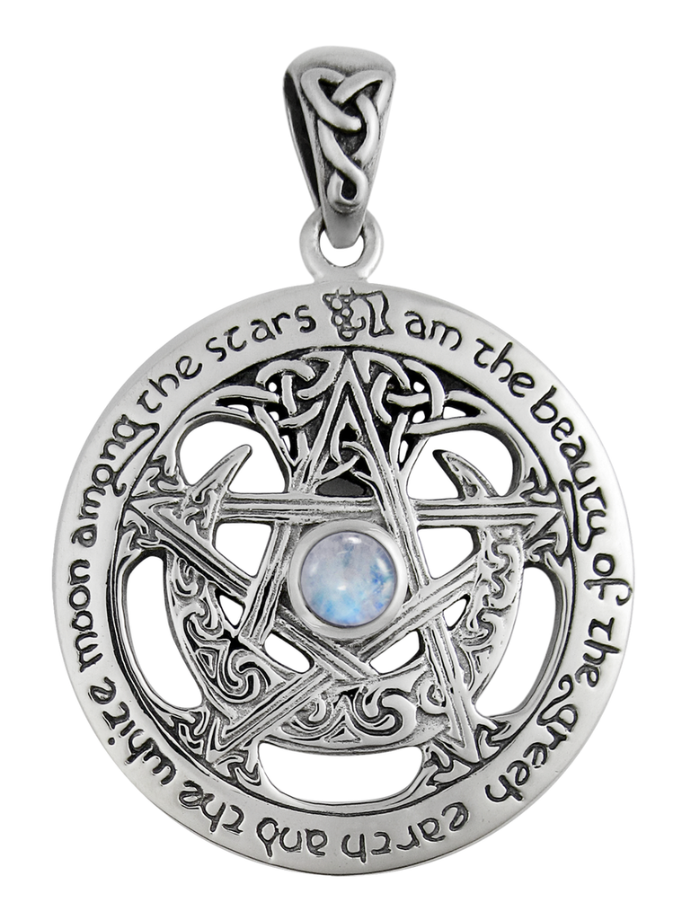 Sterling Silver Extra Large Cut Out Moon Pentacle Pendant with Rainbow  Moonstone