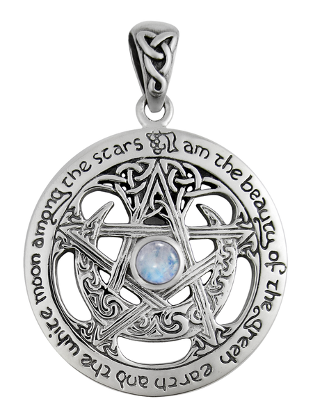 Sterling Silver Extra Large Cut Out Moon Pentacle Pendant with Rainbow Moonstone
