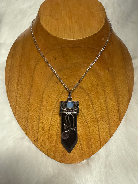Obsidian Point Crystal with Amethyst and Opalite Amulet