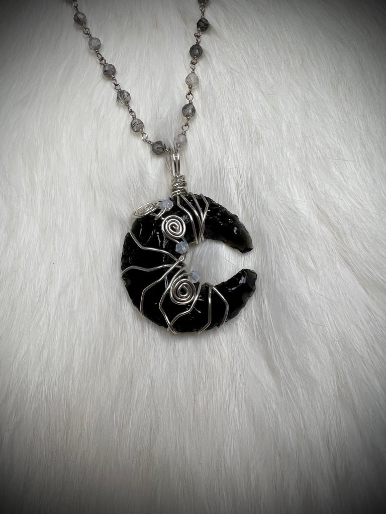 Black Obsidian Moon Pendant with Labradorite Necklace (N2435)