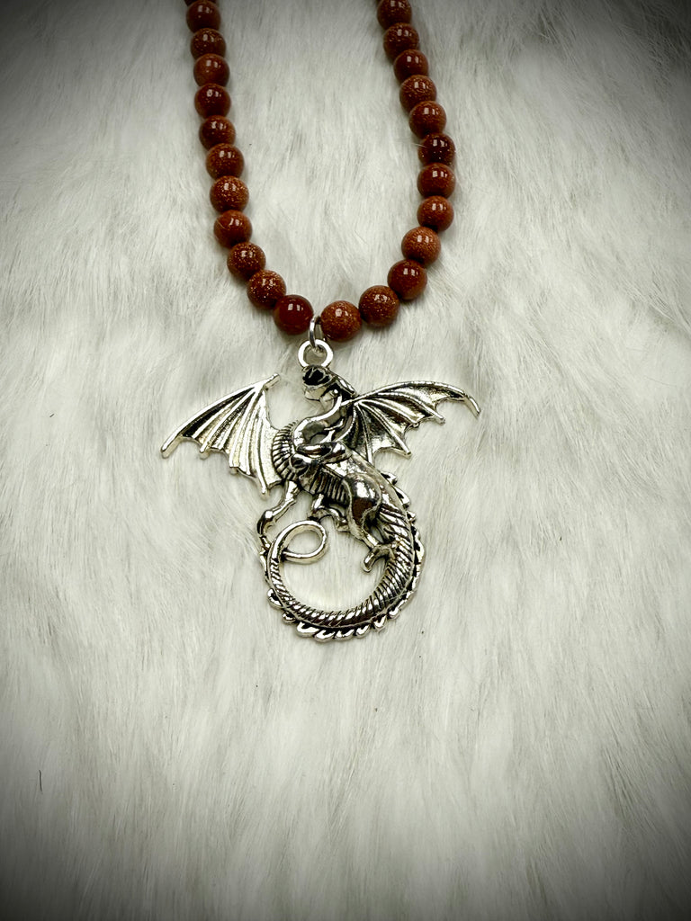 Custom Red Goldstone with Dragon Pendant Necklace