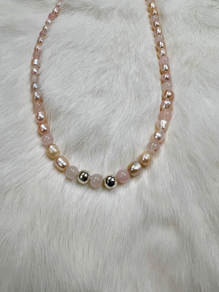 Custom Rose Quartz and Fresh Water Pearl Necklace