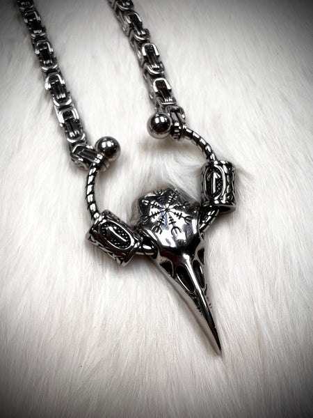 Large Raven Head Pendant Helm of Awe Necklace