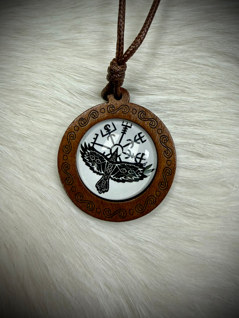 Norse Compass and Raven Wooden Pendant Necklace