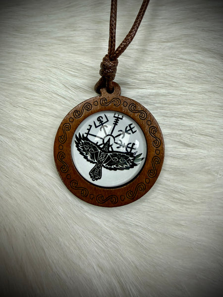 Norse Compass and Raven Wooden Pendant Necklace