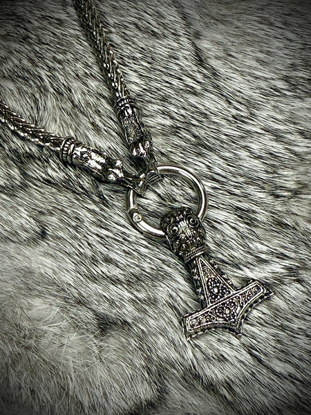 Stainless Steel Mjolnir Necklace with Dragon Heads