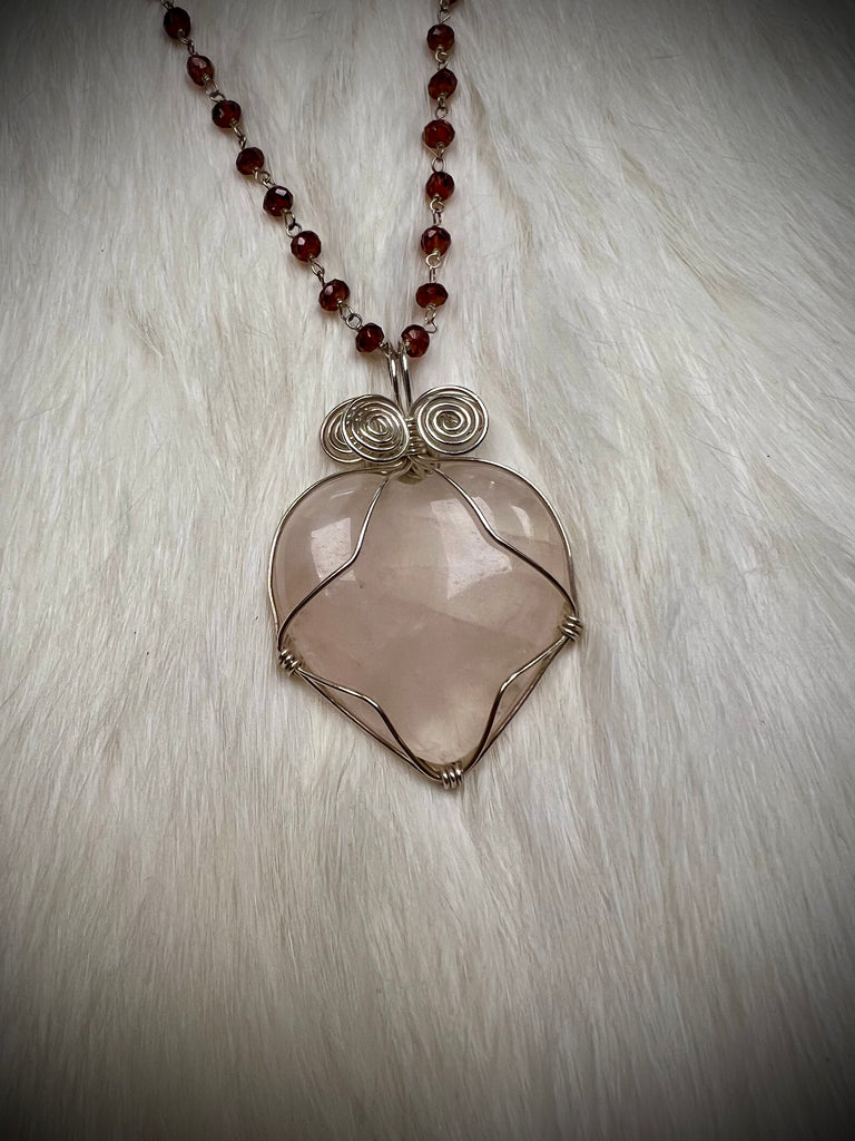 Rose Quartz Heart Pendant with Garnet Necklace (N2422)