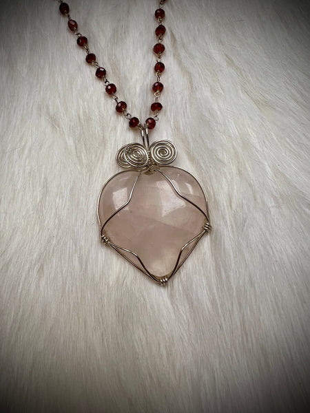 Rose Quartz Heart Pendant with Garnet Necklace (N2422)