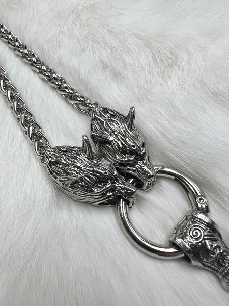 Mjolnir on Metal Ring with Two Wolf Heads - Metal Alloy