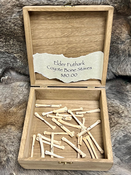 Coyote Foot Bone Staves Rune Set With Large Box - Elder Futhark