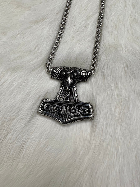 Double Sided Raven Head Mjolnir Pendant and Chain - Stainless Steel