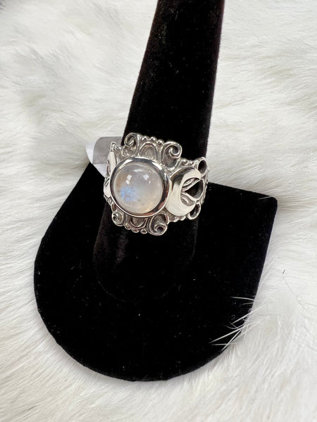 Large Victorian Triple Moon Goddess Ring with Rainbow Moonstone