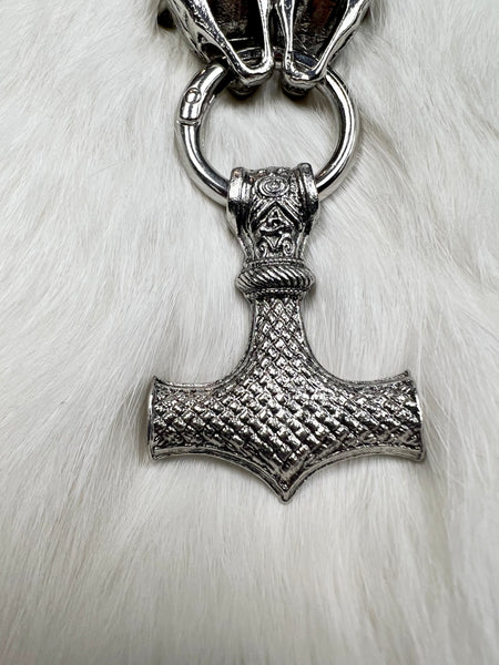 Mjolnir on Metal Ring with Two Wolf Heads - Metal Alloy