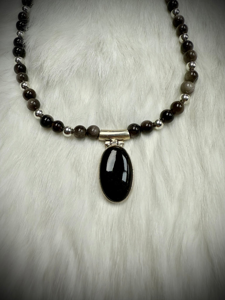 Custom Silver Sheen Obsidian Pendant Necklace