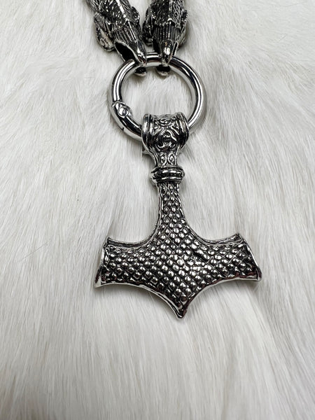 Mjolnir on Metal Ring with Two Raven Heads - Metal Alloy