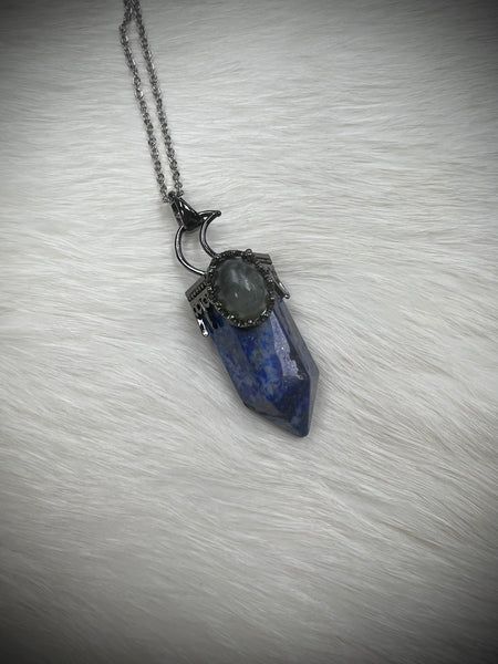 Crescent Moon Pendant with Labradorite and Crystal Necklace