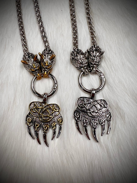 Bear Paw Pendant Necklace with Two Wolf Heads