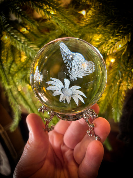 Butterfly on Flower Crystal Ball with Stand