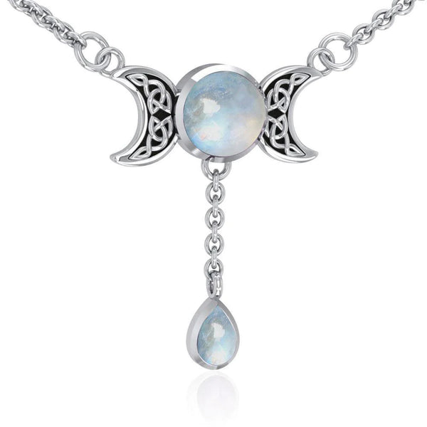 Triple Moon Goddess Moonstone Drop Sterling Silver Necklace