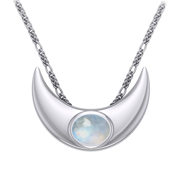 Large Sterling Silver Crescent Moon Rainbow Moonstone Necklace