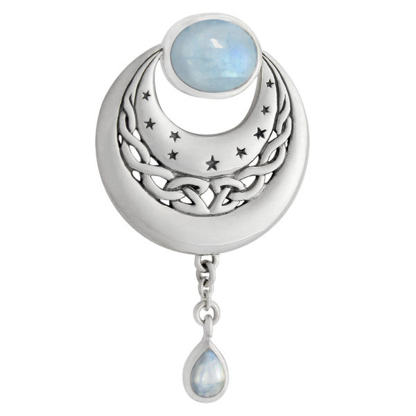 Sterling Silver Modern Crescent Moon and Stars Celtic Drop Pendant with Rainbow Moonstone
