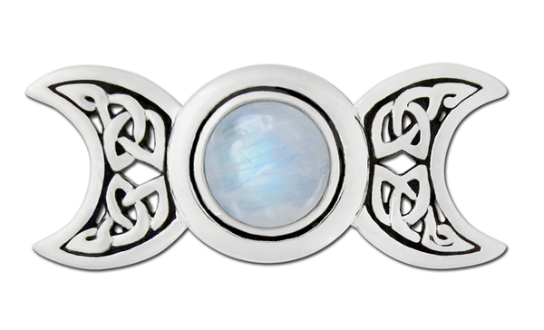 Sterling Silver Celtic Knot Triple Moon Goddess Rainbow Moonstone Pendant