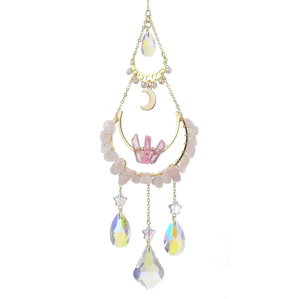 Rose Quartz Chip and Crystal Moon Suncatcher