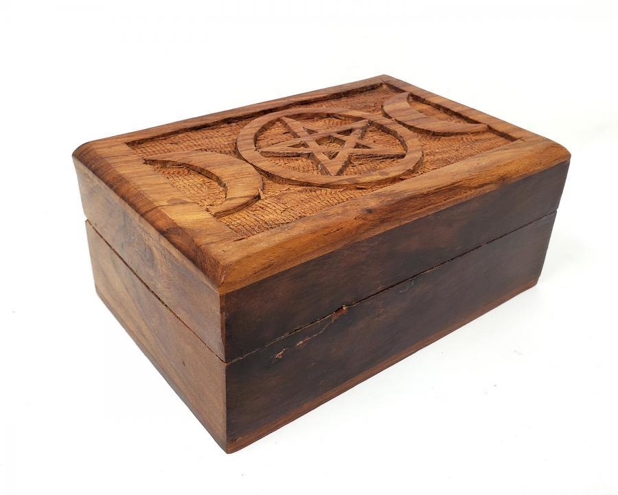 Triple Moon Pentacle Carved Wooden Box
