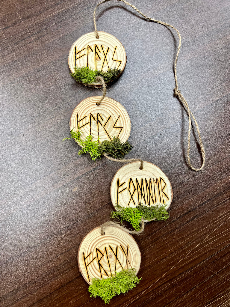 Custom Woodburned House Charm - “Flags, Flax, Fodder, and Frigg”