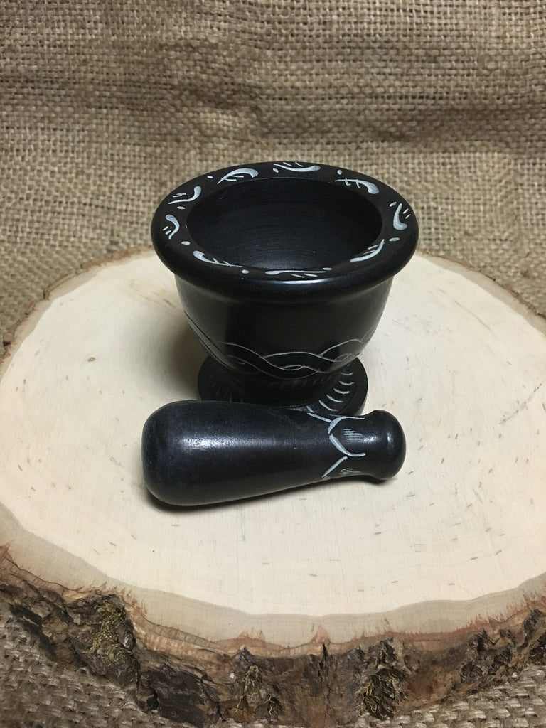 Black Soapstone Mortar and Pestle with Celtic Design