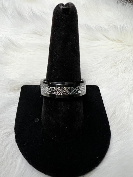 Celtic Black Band Ring with Silver Dragon Inlay