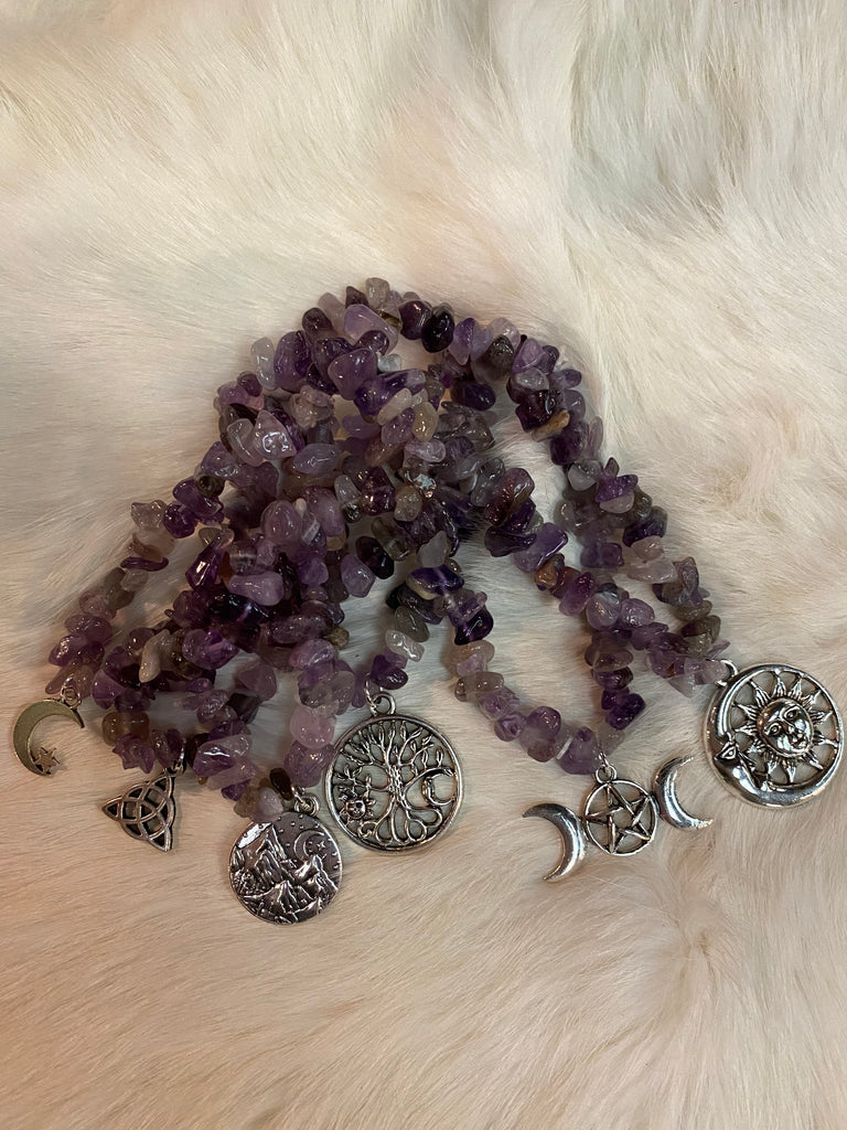 Amethyst Chip Stone Bead Bracelet with Charm