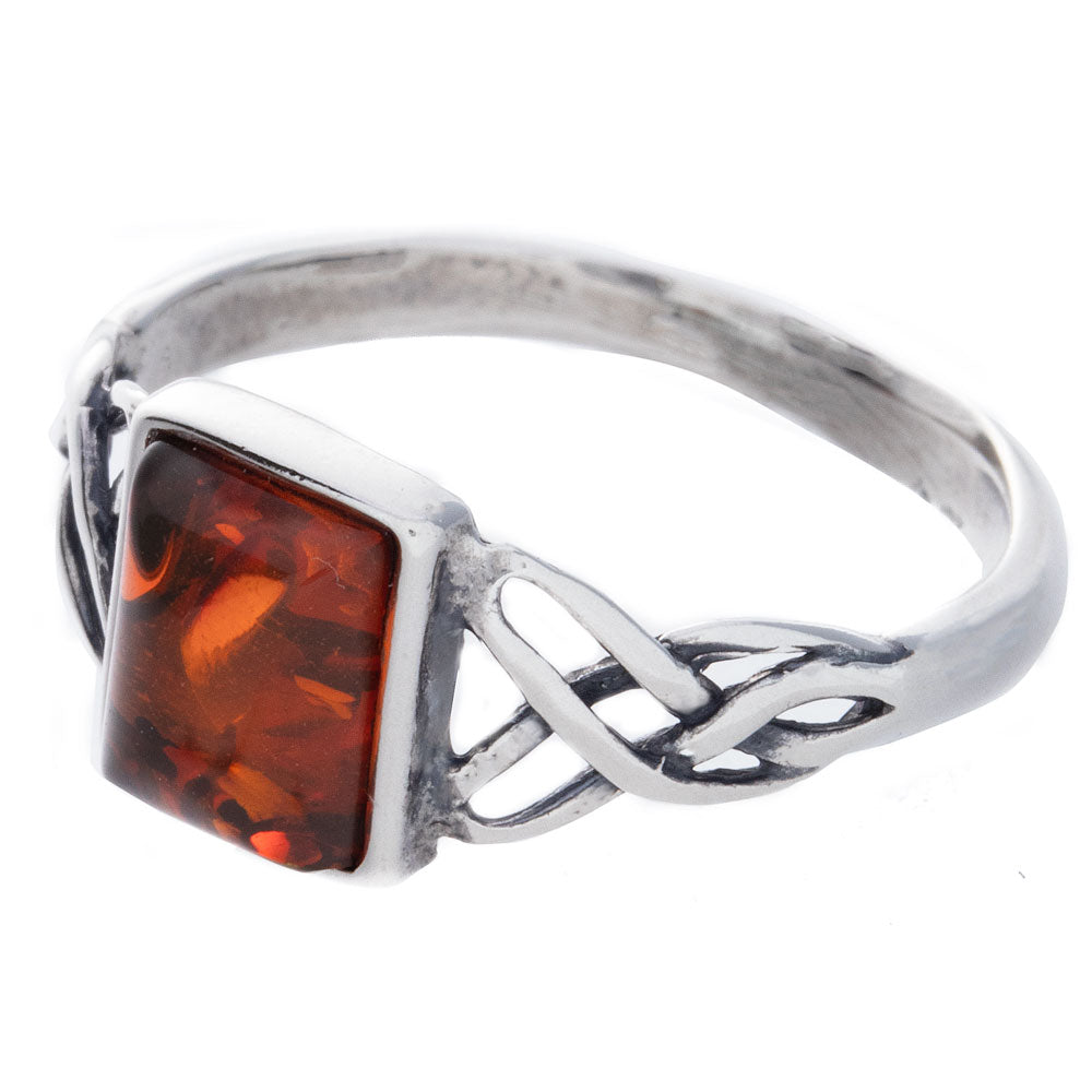 Square Amber Ring with Celtic Design