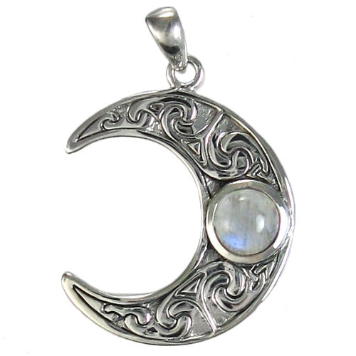 Sterling Silver Crescent Moon Pendant with Rainbow Moonstone