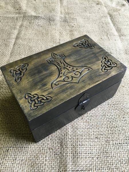 Carved Wooden Mjolnir (Thor's Hammer) Box