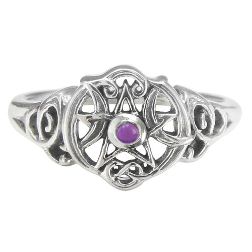 Sterling Silver Heart Pentacle Ring with Amethyst
